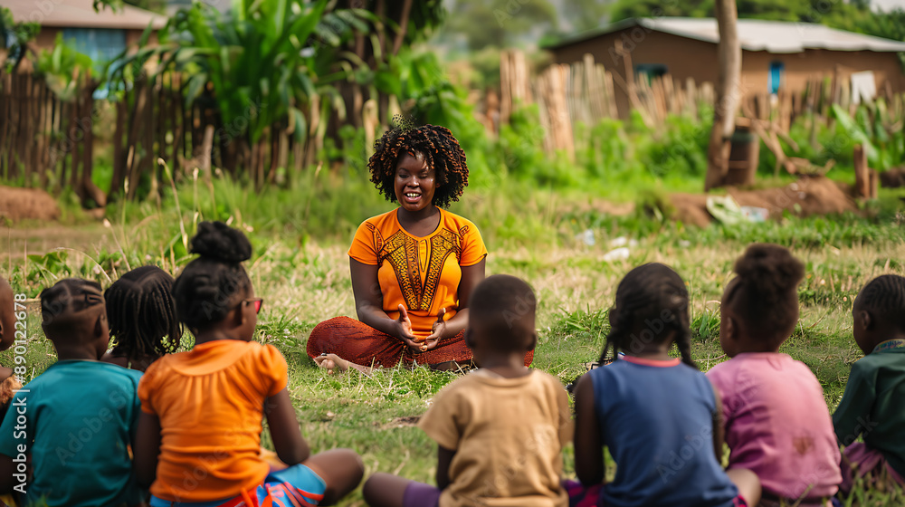African woman leading an outdoor lesson for children, all sitting in a ...