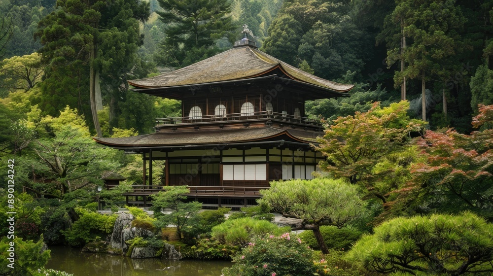Traditional Japanese architecture with a serene garden backdrop Traditional Japanese architecture with a serene garden backdrop