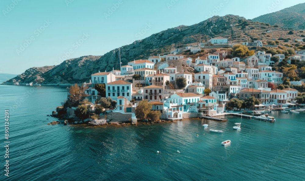 Fototapeta premium Island hopping in Greece, exploring whitewashed villages and crystal-clear Aegean waters