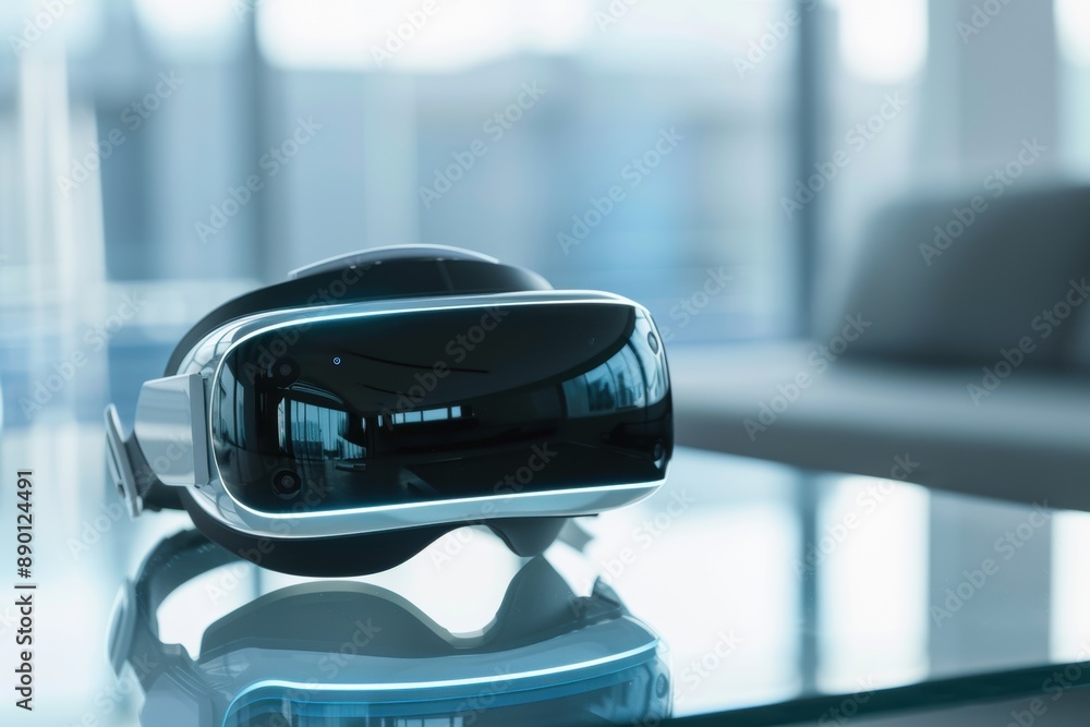 Modern vr headset resting on glass table in office setting Modern vr headset resting on glass table in office setting