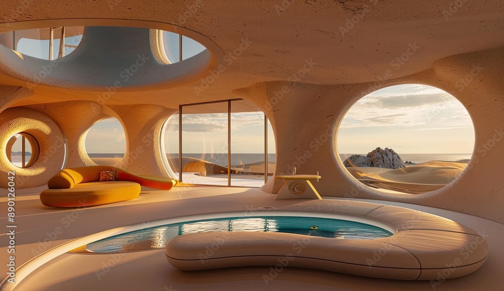 Fototapeta premium Futuristic Beachfront Living Room with Ocean View