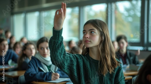 The girl raising hand photo