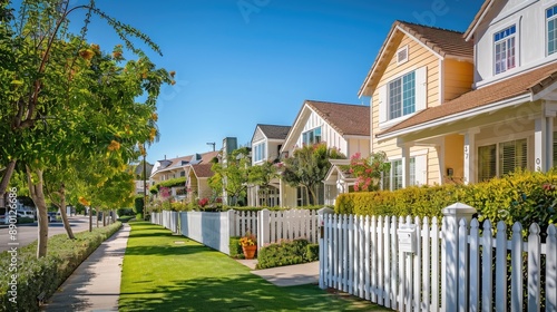 A charming, pastel-colored suburban home with a white picket fence and a beautifully manicured lawn.