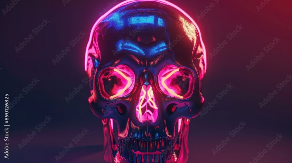 Bright neon skull with glowing eyes, displayed on a shadowy background, Bright neon skull with glowing eyes, displayed on a shadowy background,