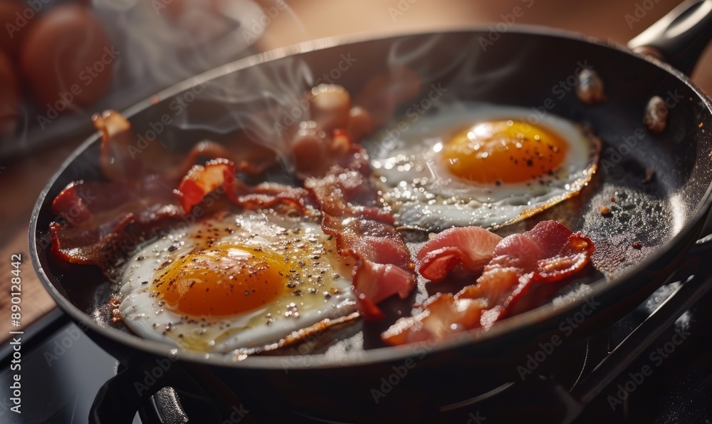 Modern non-stick frying pan with sizzling bacon and eggs Modern non-stick frying pan with sizzling bacon and eggs