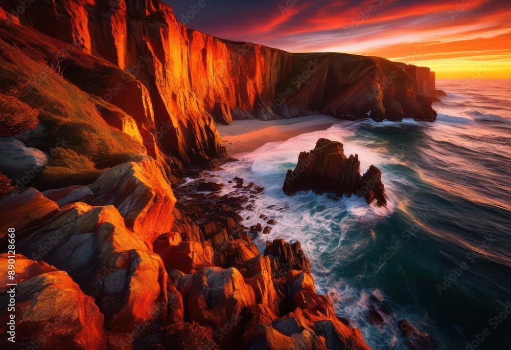 Fototapeta premium vibrant sunset glow reflecting dramatic coastal cliffs, coastline, horizon, colorful, ocean, view, nature, scenery, sunlight, picturesque, landscape, rocks, beauty
