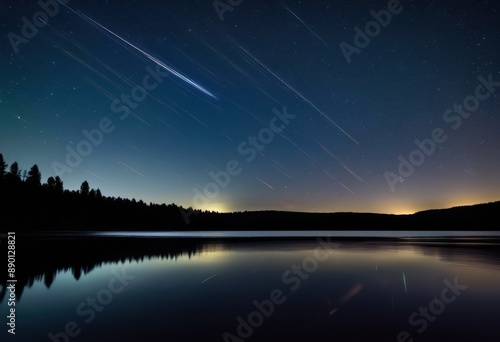 starry meteor shower reflections pristine lake surface, night, clear, sky, stars, water, nature, beauty, peaceful, serene, tranquil, astronomy, celestial © Yaraslava
