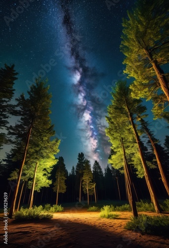 starry meteor shower illuminating peaceful grove, night, stars, sky, celestial, falling, glowing, woods, forest, shining, serene, dark, nature, astronomy photo