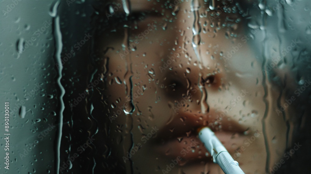Fototapeta premium Isolated woman with cigarette, behind foggy glass with raindrops, exhaling smoke, grey background, feeling alone, still life photo.