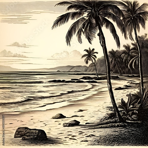 a colorful painting of a tropical beach at sunset. The sky is ablaze with orange, pink, and purple hues, and the calm ocean reflects the vibrant colors.