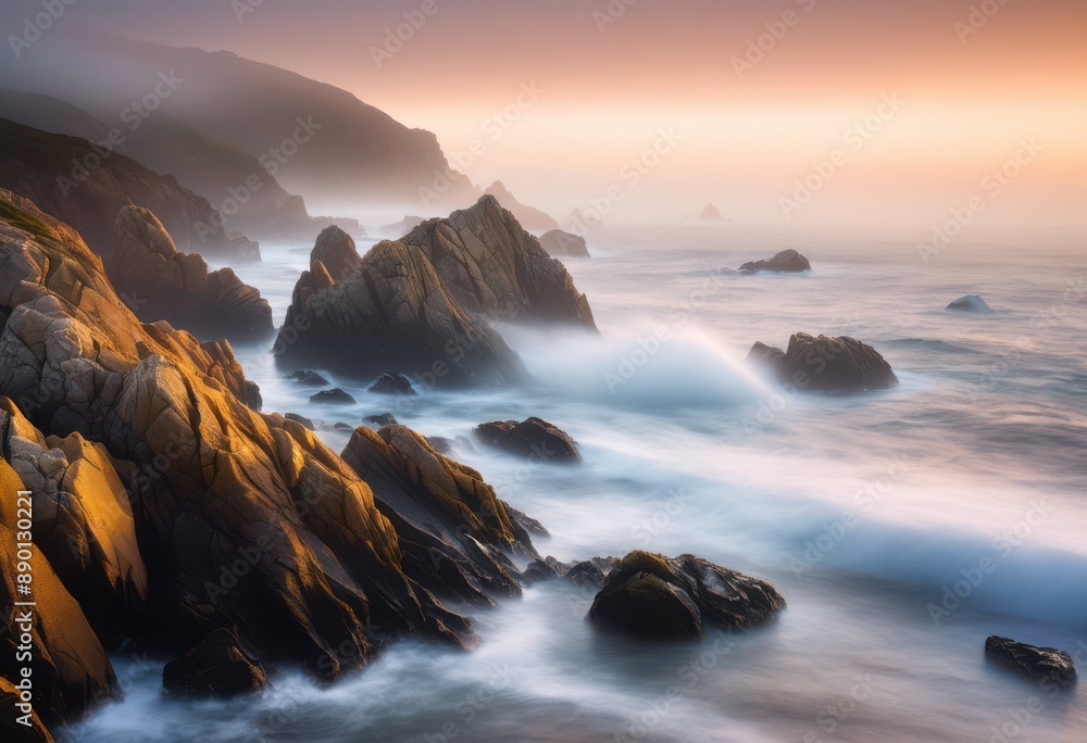 Obraz premium serene ocean mist surrounding coastal rocks landscape view, environment, nature, tranquil, seascape, water, fog, scenery, horizon, shore, seaside, atmosphere, calm, cliff