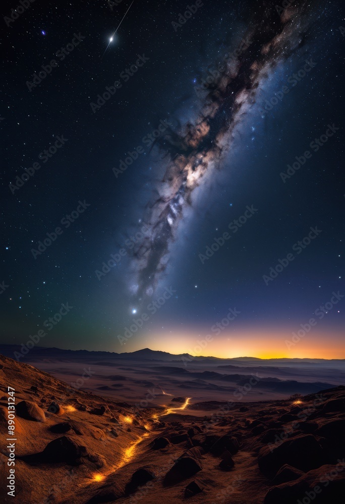 Fototapeta premium vast plain under majestic celestial bodies, astronomical, astrophysical, astronomy, astrophysics, bright, shining, glowing, stars, planets, moons
