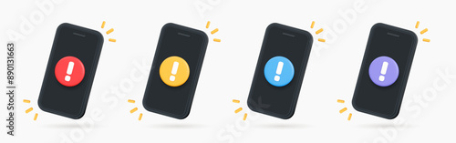3D Phone with exclamation mark. Smartphone with important notification. Spam in email. Mobile error or problem. Alert message. Warning sign. Cartoon design icon set. 3D Vector illustration