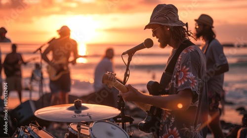 Harmonious Melodies by the Sunset: Energetic Band Performance on Beach with a Calm and Scenic Vibe