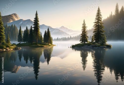 tranquil alpine lake surrounded evergreen trees reflecting clear water, nature, serene, picturesque, scenery, beautiful, landscape, peaceful, forest