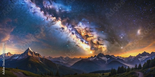 Stunning Milky Way galaxy illuminating majestic mountain landscape, galaxy, night sky, Milky Way, mountains, landscape