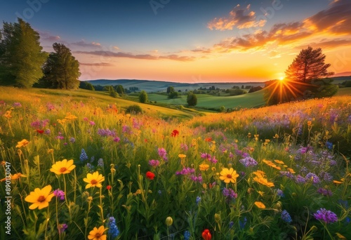 vibrant sunset illuminating blooming meadow wildflowers, blooms, colorful, field, flora, grass, growth, landscape, nature, outdoor, plants, scenic, sky © Yaraslava