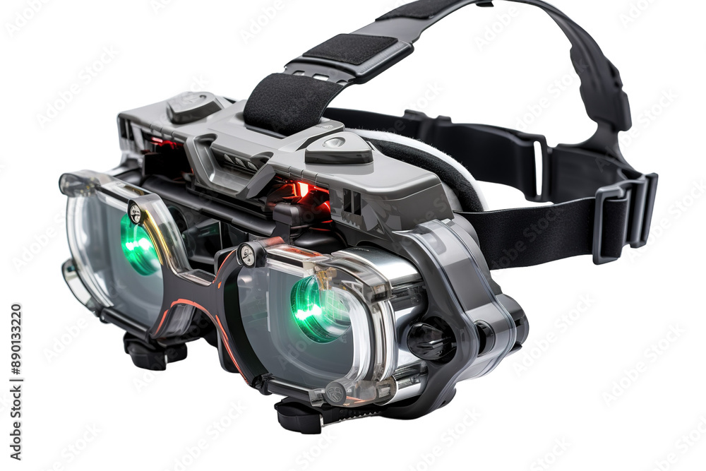 Futuristic Goggles With Red and Green Lights Glowing in the Darkness on a Clear PNG or White Background. Futuristic Goggles With Red and Green Lights Glowing in the Darkness on a Clear PNG or White Background.