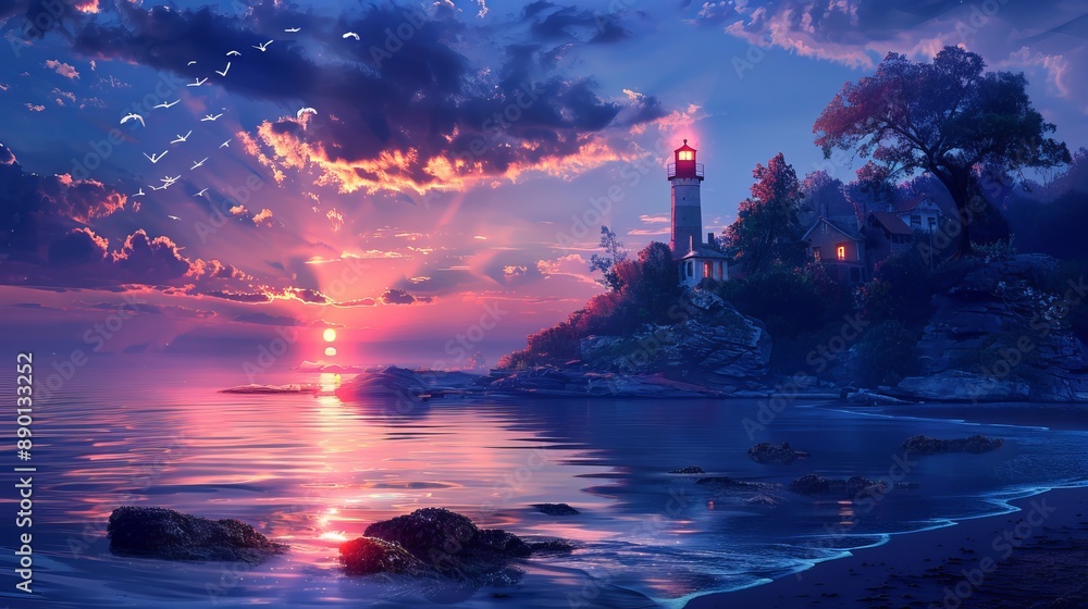 A beautiful twilight seascape featuring a lighthouse perched on an island, with soft, fading light casting a serene glow over the waters. A beautiful twilight seascape featuring a lighthouse perched on an island, with soft, fading light casting a serene glow over the waters.