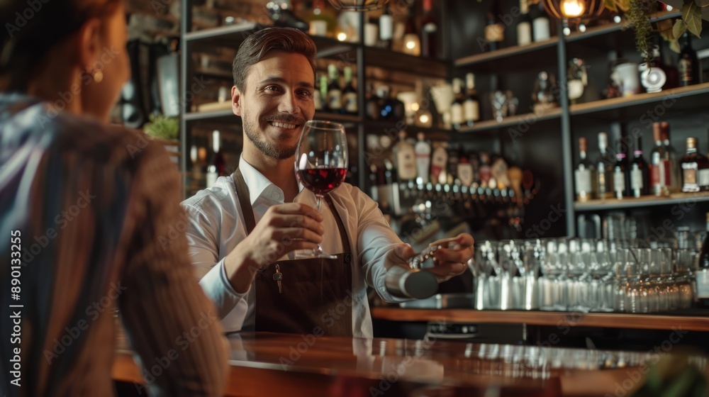 Friendly bartender serving red wine to a customer in a cozy, well-lit bar setting. The casual atmosphere makes it perfect for relaxing evenings. Beautifully illustrated AI-generated image. AI Friendly bartender serving red wine to a customer in a cozy, well-lit bar setting. The casual atmosphere makes it perfect for relaxing evenings. Beautifully illustrated AI-generated image. AI