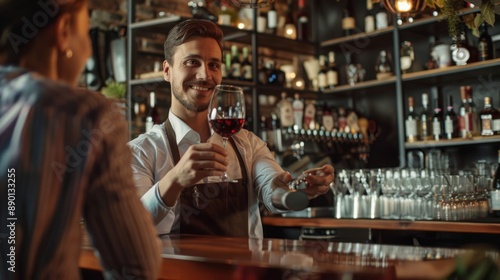 Friendly bartender serving red wine to a customer in a cozy, well-lit bar setting. The casual atmosphere makes it perfect for relaxing evenings. Beautifully illustrated AI-generated image. AI © Irina Ukrainets