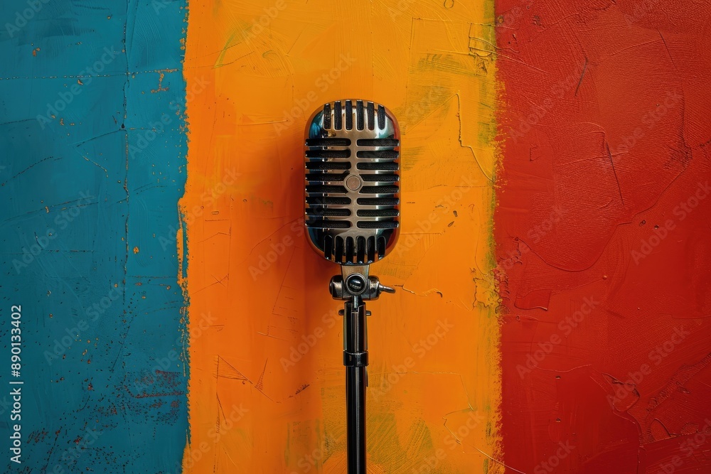 Fototapeta premium Retro microphone against colorful painted background
