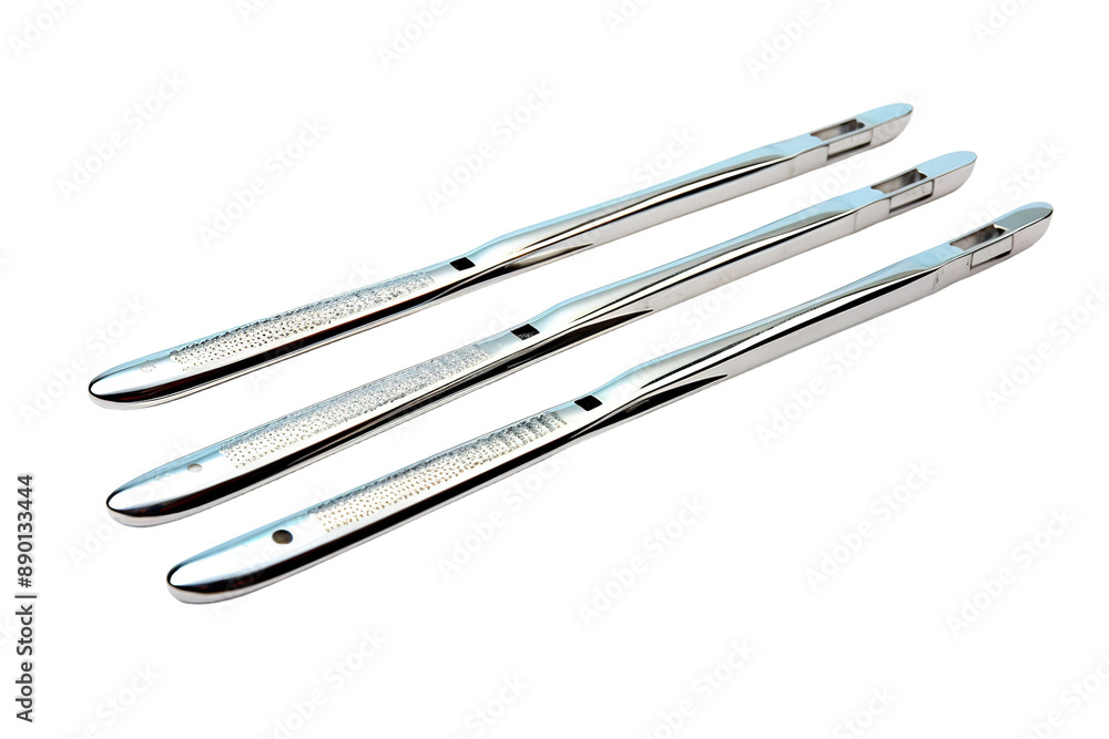 Three Polished Steel Surgical Instruments Ready For Use on a Clear PNG or White Background. Three Polished Steel Surgical Instruments Ready For Use on a Clear PNG or White Background.
