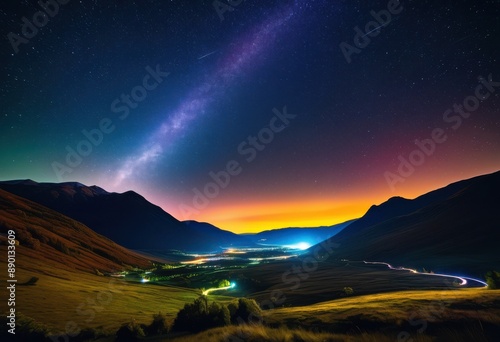 breathtaking meteor shower illuminating highland valley scenery, celestial, stars, night, sky, landscape, nature, outdoors, beauty, picturesque, dramatic © Yaraslava