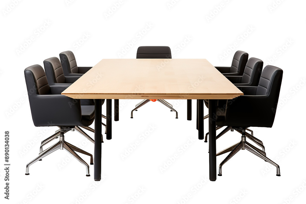 Fototapeta premium A Meeting Room Table Set With Modern Design and Black Leather Chairs on a Clear PNG or White Background.