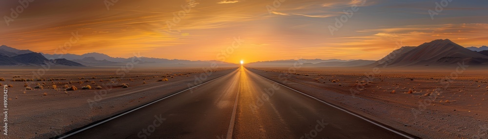 A stunning sunset over a deserted road stretching into the horizon, capturing the tranquility and beauty of an endless journey in the desert. A stunning sunset over a deserted road stretching into the horizon, capturing the tranquility and beauty of an endless journey in the desert.