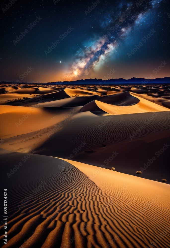 Naklejka premium glistening stars above blowing sand dunes night, wind, twinkle, sky, landscape, nature, astronomy, celestial, desert, scenic, dark, outdoor, beauty, shiny,