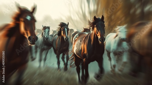 A defocused, blurred abstract background featuring a herd of horses. © Yusif