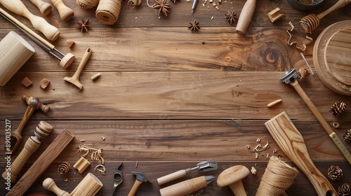 DIY concept: Woodworking and craft tools arranged on a workbench. Includes planers, chisels, measuring tools, along with wooden parts, planks, and stocks.