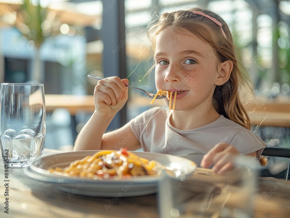 Little girl with long hair and brown eyes eating pasta at an outdoor restaurant table. Aerial view with water on one side and a glass half-filled with clear liquid. Little girl with long hair and brown eyes eating pasta at an outdoor restaurant table. Aerial view with water on one side and a glass half-filled with clear liquid.