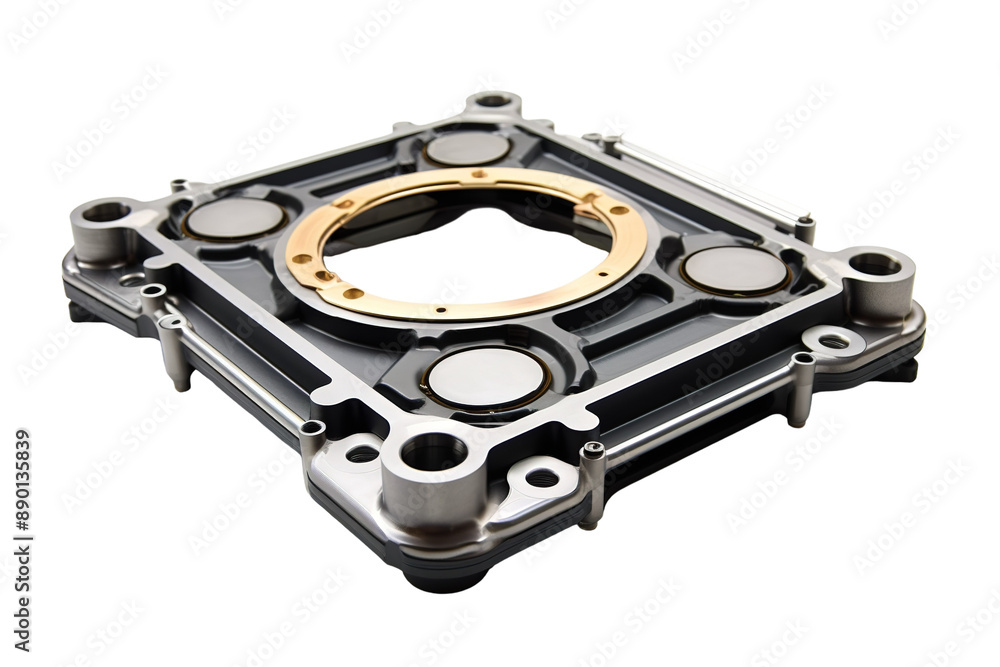 Precision Engineered Metal Component With Circular Aperture and Integrated Magnets on a Clear PNG or White Background. Precision Engineered Metal Component With Circular Aperture and Integrated Magnets on a Clear PNG or White Background.