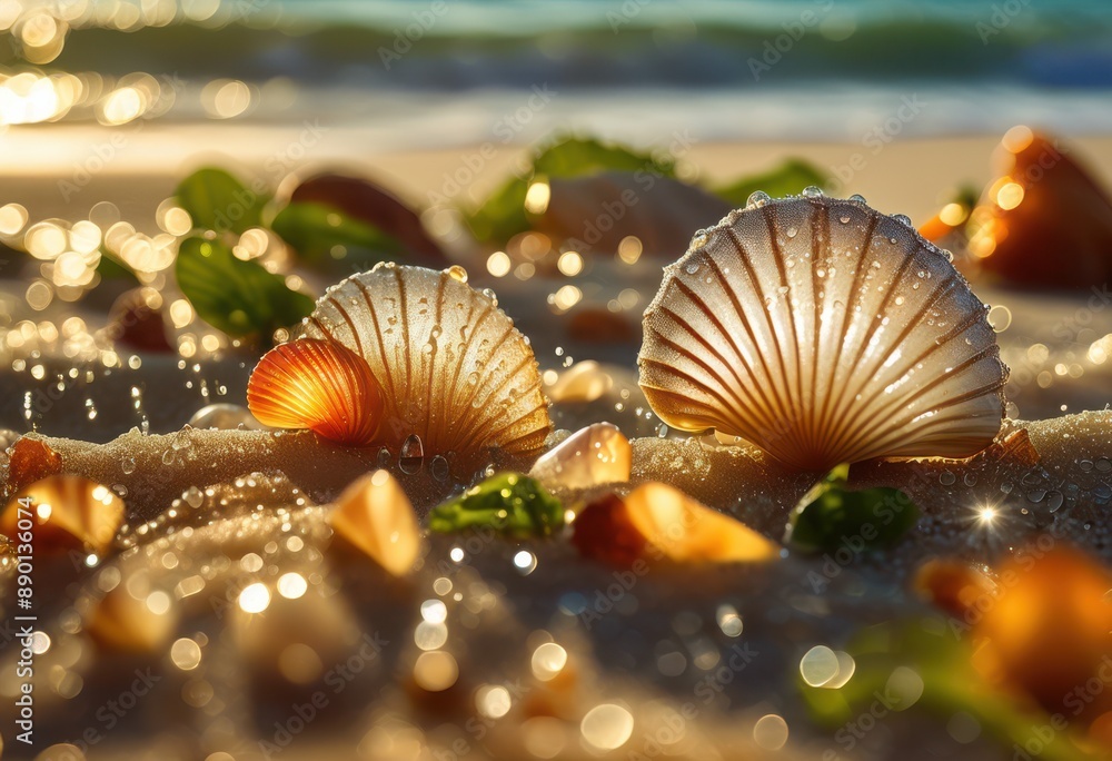 morning dew sparkling seashells sunlight beach shore tropical nature background, glistening, sand, ocean, water, coast, reflection, bright, sunny, natural morning dew sparkling seashells sunlight beach shore tropical nature background, glistening, sand, ocean, water, coast, reflection, bright, sunny, natural