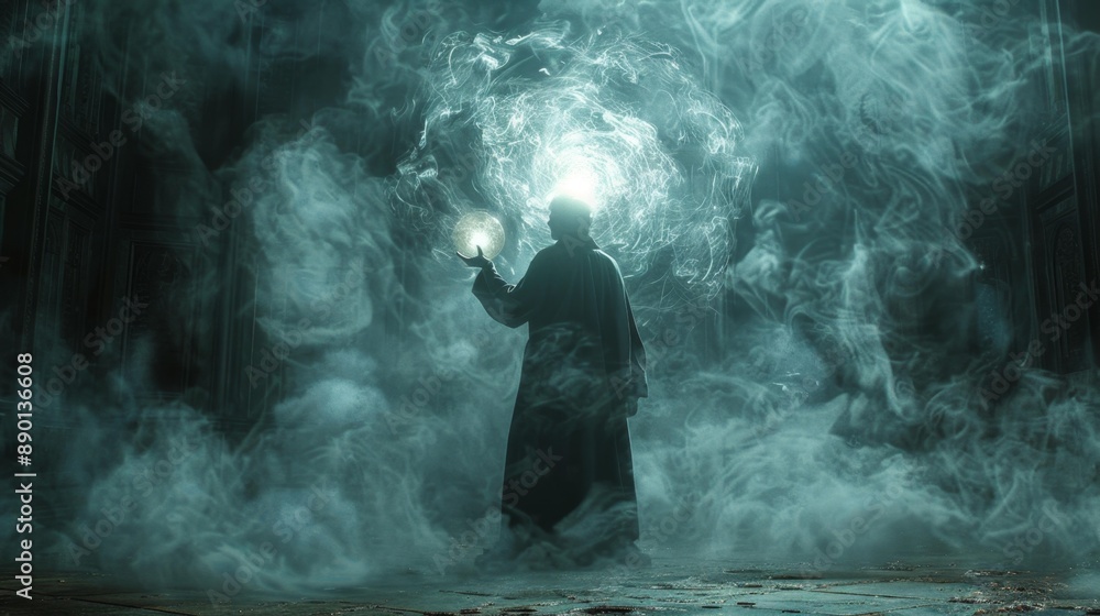 Mysterious figure with glowing orb - generative ai Mysterious figure with glowing orb - generative ai