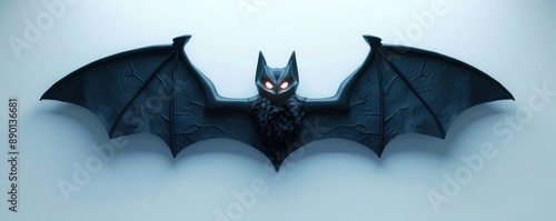 A sophisticated bat silhouette with glowing eyes, displayed on a pristine white wall,