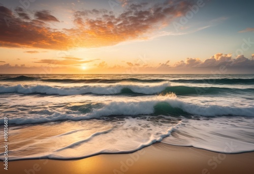 serenity ocean waves breaking sandy coastal scenery surf seashore relaxing seaside landscape view, beach, water, horizon, sunny, vacation, summer, leisure, travel,