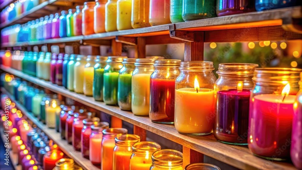 A variety of colorful candles in glass jars, lit and arranged neatly on shelves in a store, creating a vibrant display. side angle, close up A variety of colorful candles in glass jars, lit and arranged neatly on shelves in a store, creating a vibrant display. side angle, close up
