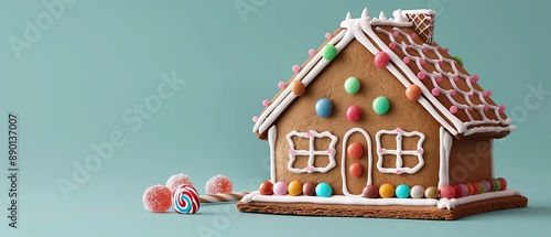 Papercut gingerbread house with candy decorations illustration, focus cover all  object, deep depth of field, no blur, photo