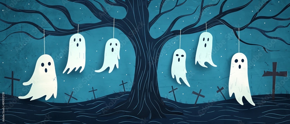 Papercut haunted tree with hanging ghosts illustration, focus cover all object, deep depth of field, no blur, Papercut haunted tree with hanging ghosts illustration, focus cover all object, deep depth of field, no blur,
