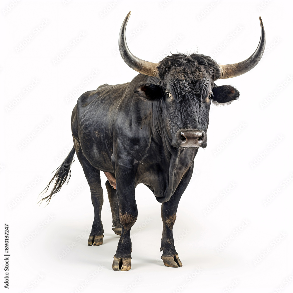 Bull isolated on white background. Black bull on white background. Bull with horns. Bull isolated on white background. Black bull on white background. Bull with horns.