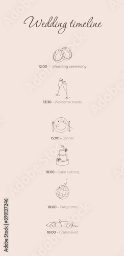 Wedding timeline template with line art icons. Organization and planning of wedding day