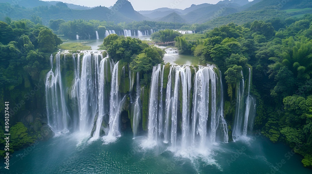 A stunning aerial view captures the grandeur of multiple cascading waterfalls surrounded by lush greenery and mountainous terrain. A stunning aerial view captures the grandeur of multiple cascading waterfalls surrounded by lush greenery and mountainous terrain.