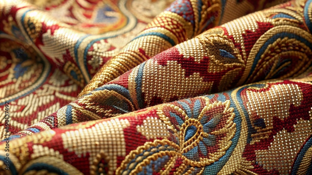 High-resolution close-up of a jacquard fabric, showcasing the intricate woven patterns and rich texture in soft, diffused light. High-resolution close-up of a jacquard fabric, showcasing the intricate woven patterns and rich texture in soft, diffused light.