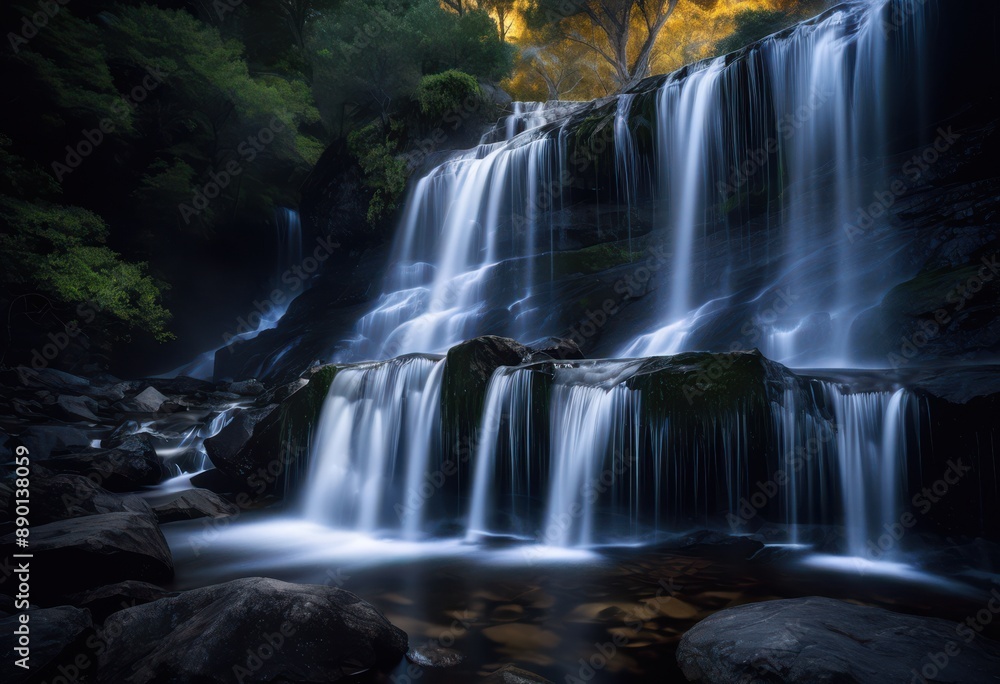 Obraz premium moonlit waterfall hidden illuminated moonlight, shadows, scenery, serene, tranquil, mystical, magical, picturesque, peaceful, remote, secluded, beautiful, night