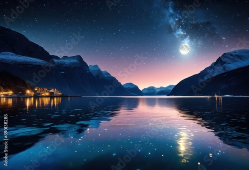 glowing stars moon reflecting tranquil fjord waters night, celestial, reflection, serene, calm, still, sky, beauty, landscape, scenery, astronomy, space