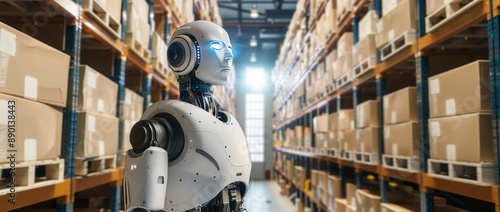 Robots in warehouses filled with countless boxes symbolize advanced logistics and automation.