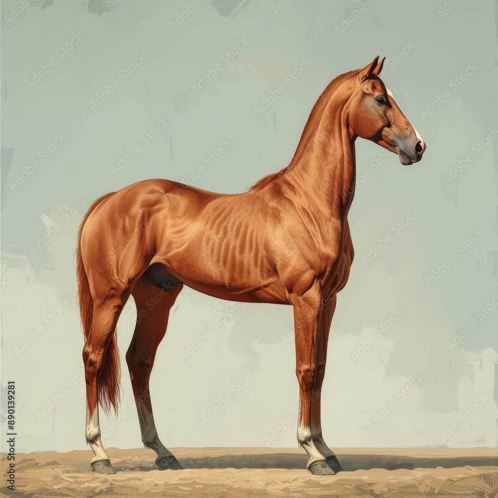 Obraz premium A Single Chestnut Thoroughbred Horse Stands on Sandy Ground